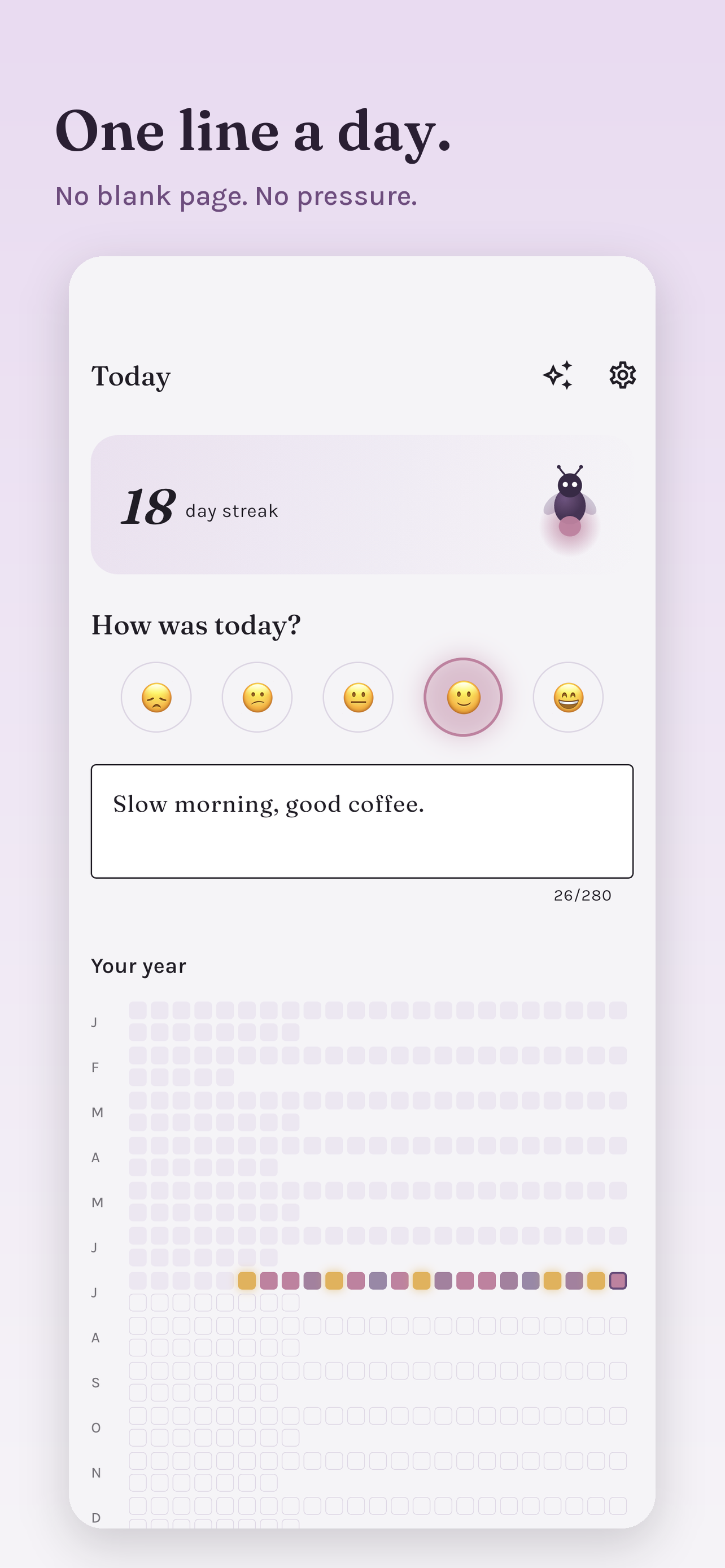 Today screen with mood picker and year grid