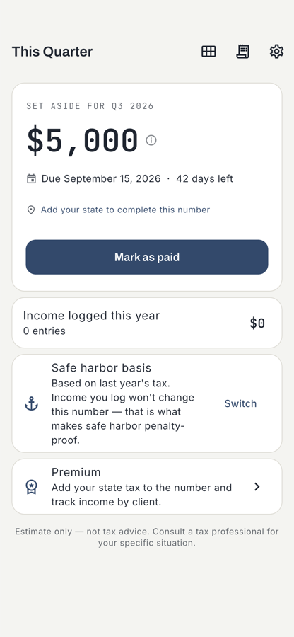 The main screen showing the amount to set aside for the quarter and the days left until the deadline